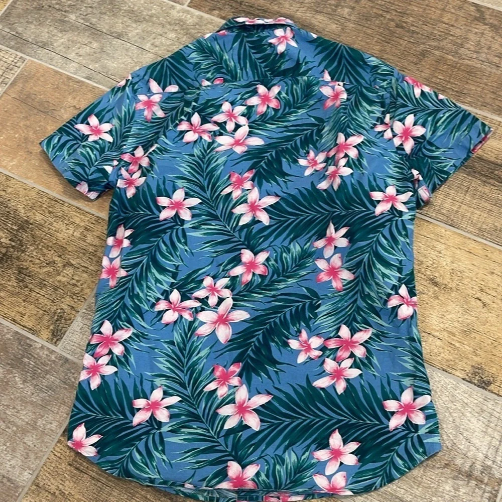 J. Crew Blue & Pink Tropical Leaf Floral Button Front Short Sleeve Shirt S
